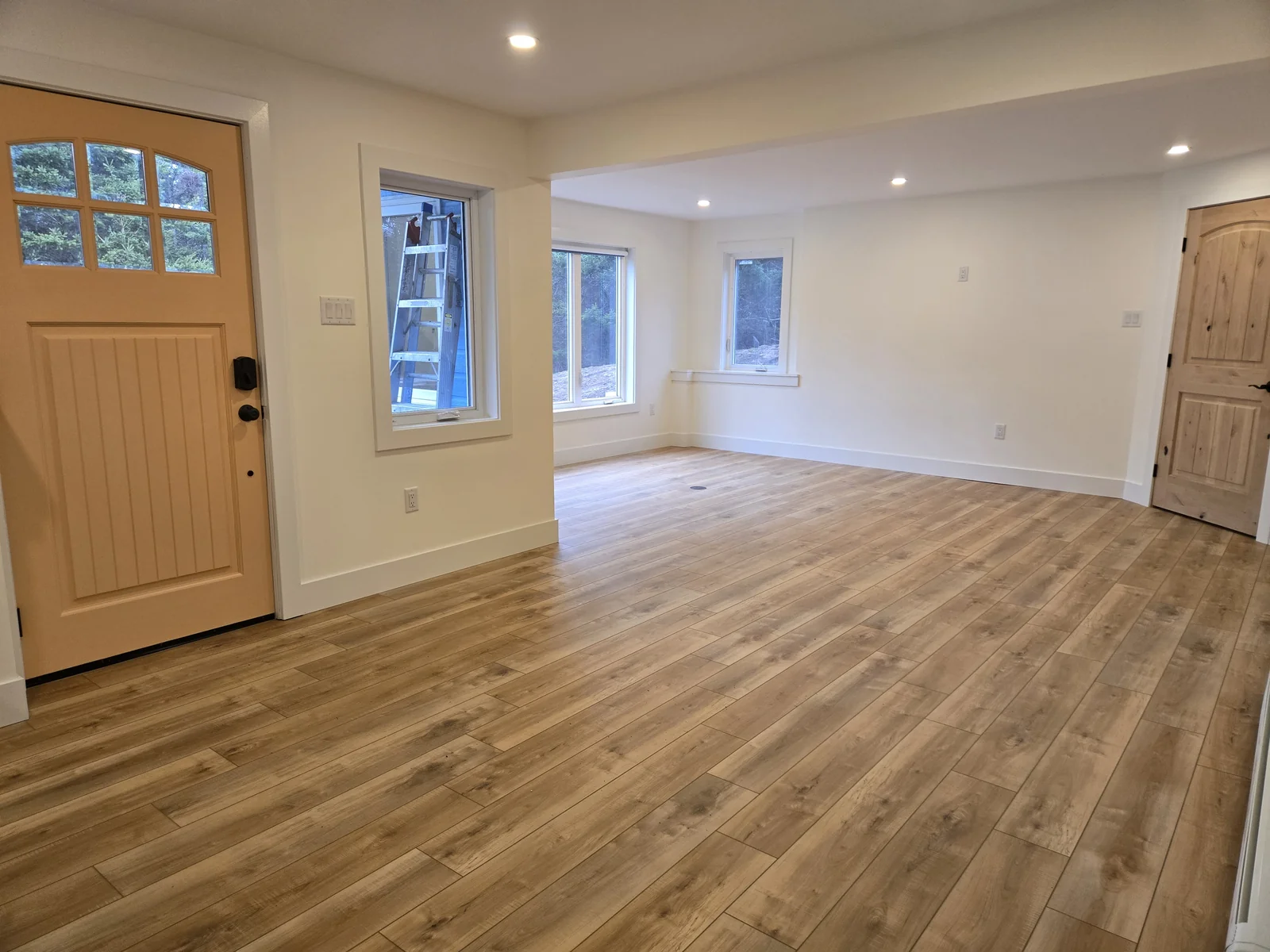 Basement living area with large windows, pale walls and wood-look flooring